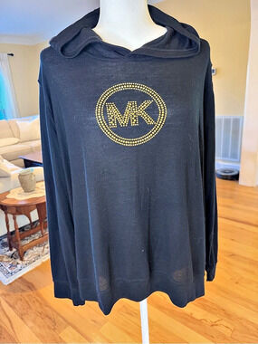NWT Michael Kors Black Rhinestone MK Logo Knit Lightweight Hoodie Sweater 3X